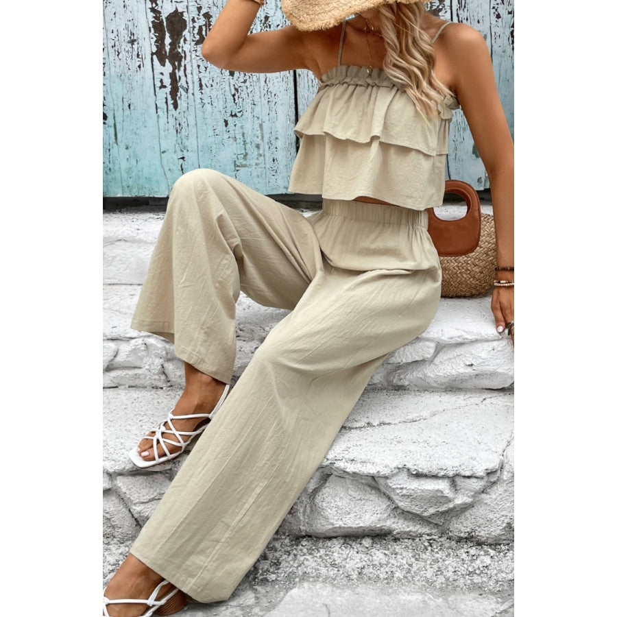 Frill Trim Cami and Wide Leg Pants Set