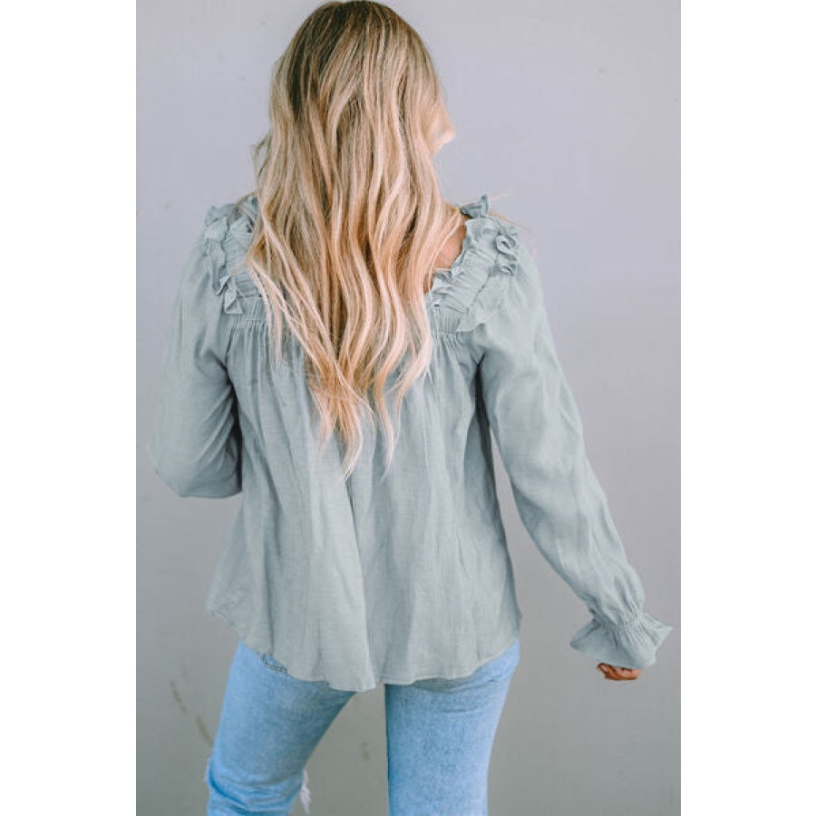 Frill Trim Flounce Sleeve Blouse Sage / S Clothing