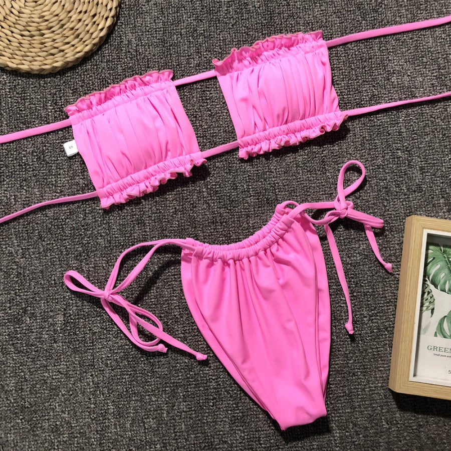 Frill Trim Ruched Bikini Set Apparel and Accessories