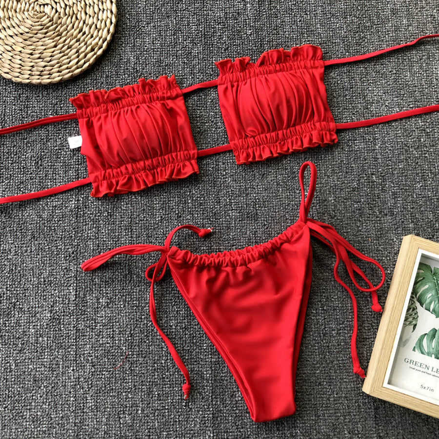 Frill Trim Ruched Bikini Set Apparel and Accessories