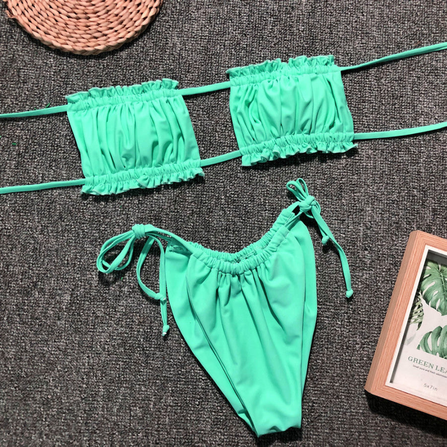 Frill Trim Ruched Bikini Set Neon Green / S Apparel and Accessories