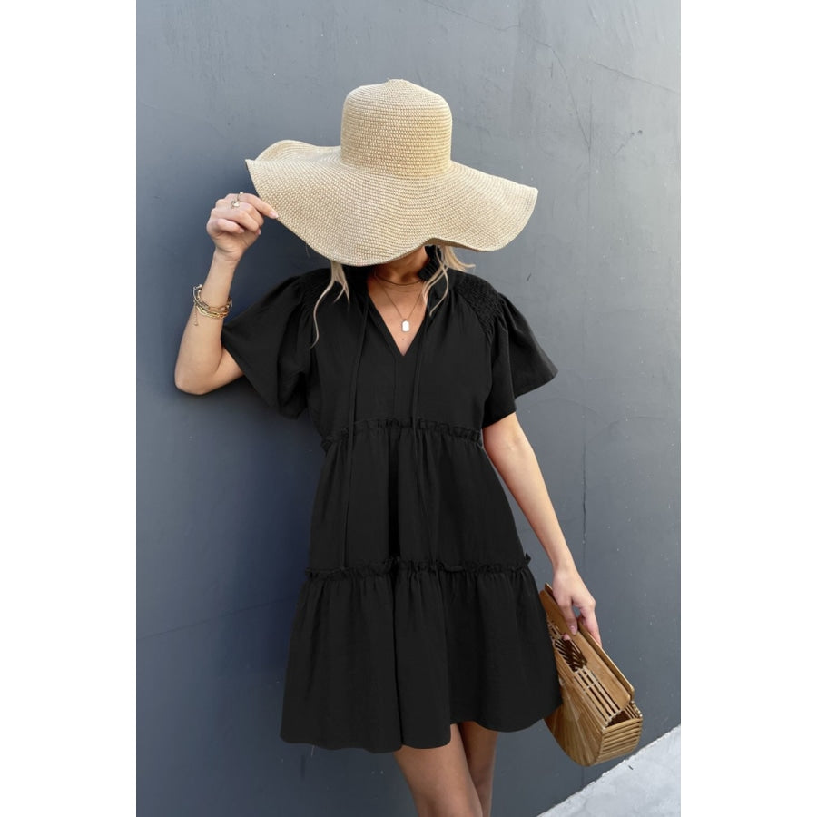 Frill Trim Smocked Tie Neck Dress Black / S