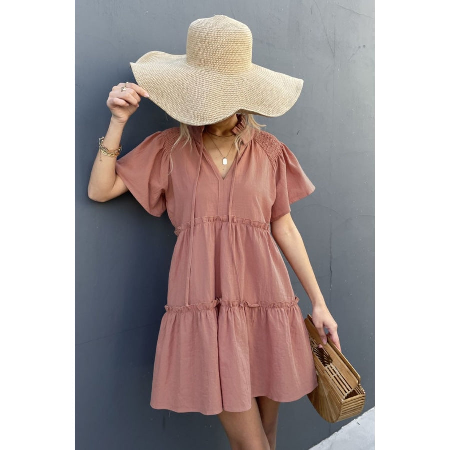 Frill Trim Smocked Tie Neck Dress Pink / S