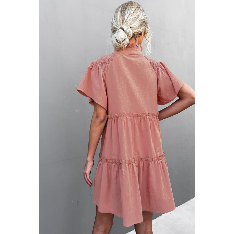 Frill Trim Smocked Tie Neck Dress