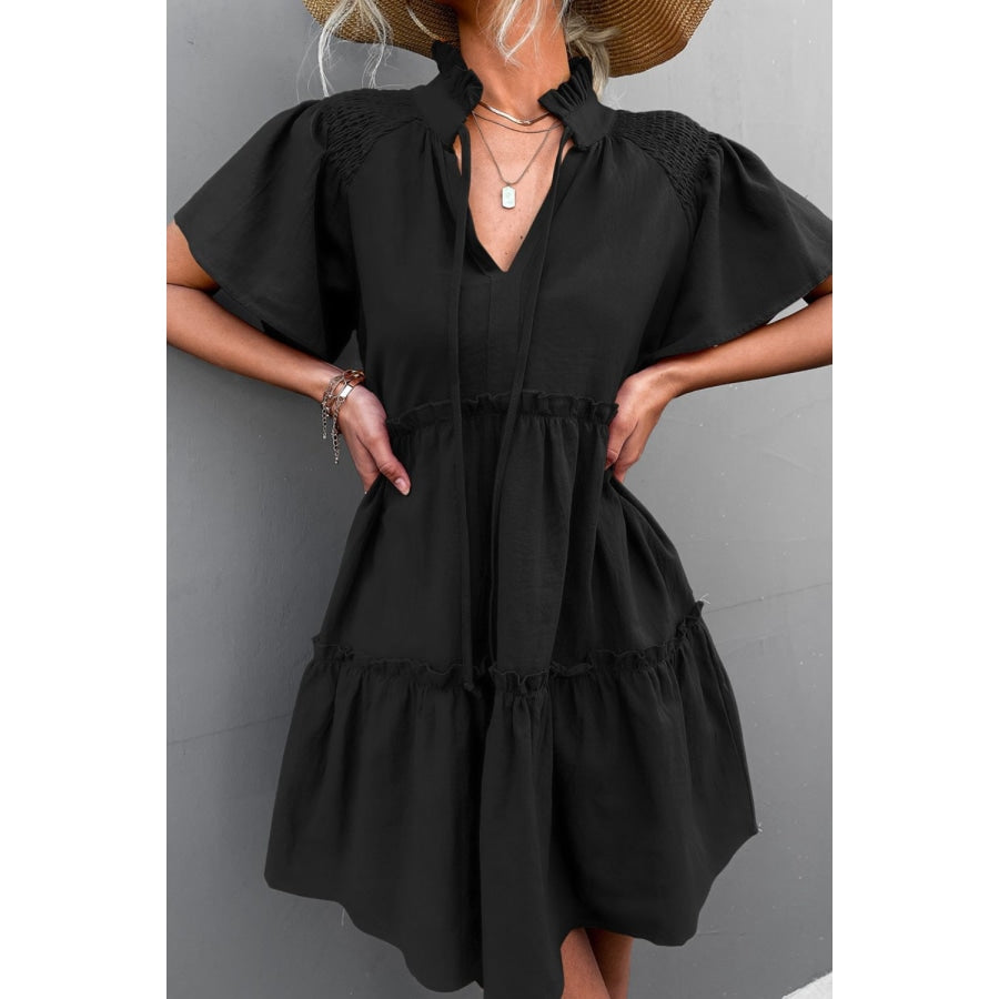 Frill Trim Smocked Tie Neck Dress