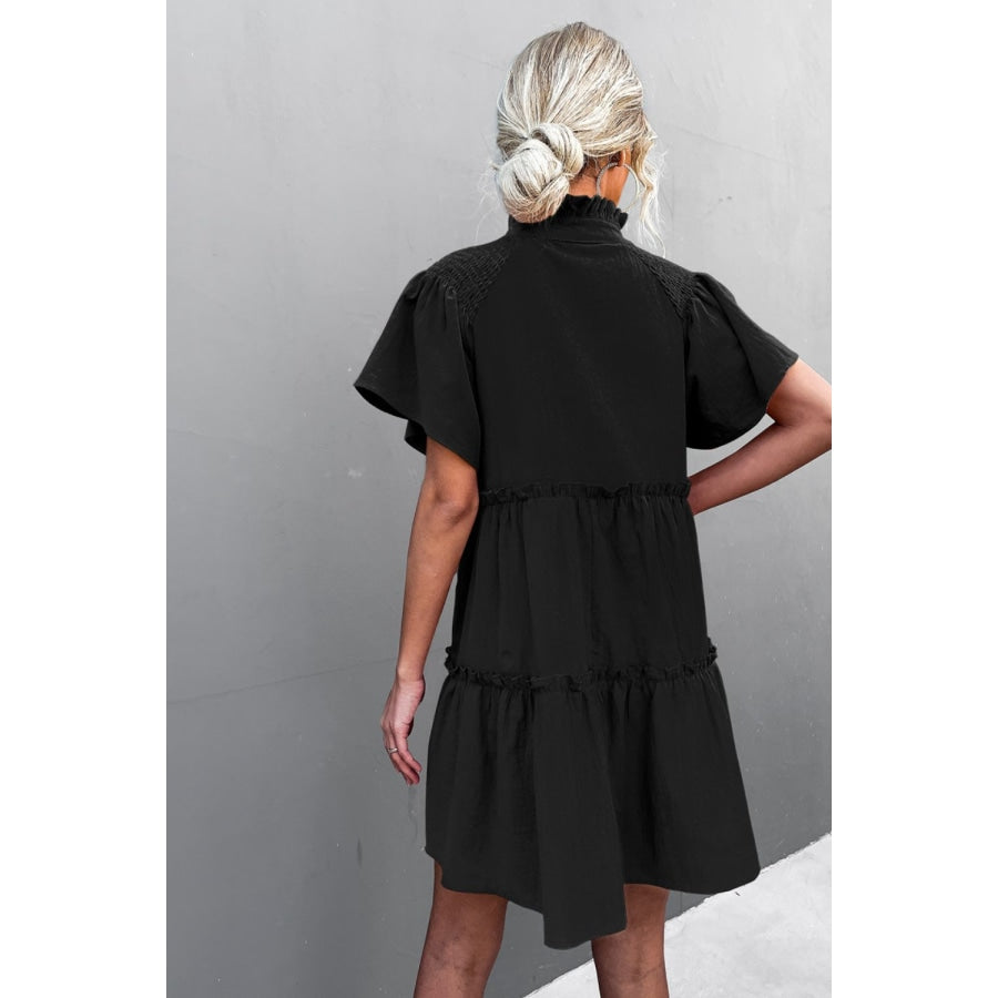 Frill Trim Smocked Tie Neck Dress