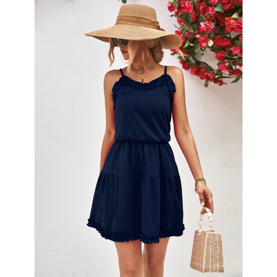 Frill Trim Spaghetti Strap Mini Dress Dark Navy / S