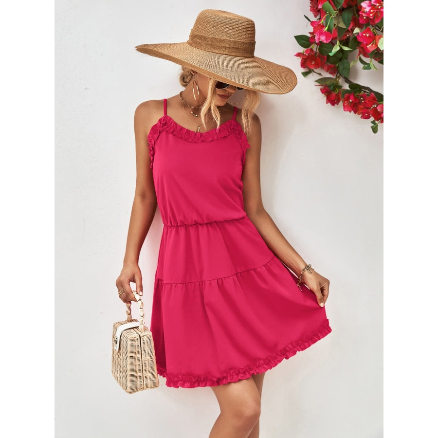 Frill Trim Spaghetti Strap Mini Dress Hot Pink / S