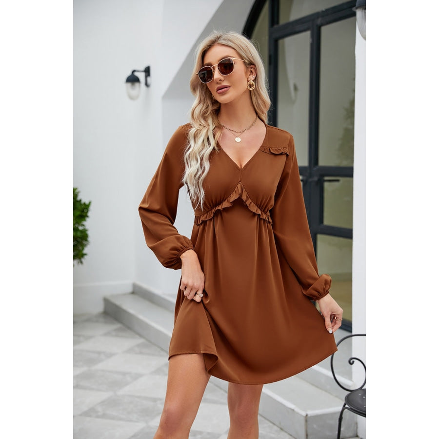 Frill Trim V-Neck Long Sleeve Dress Caramel / S