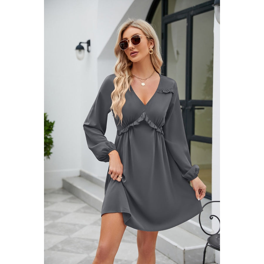 Frill Trim V-Neck Long Sleeve Dress Charcoal / S