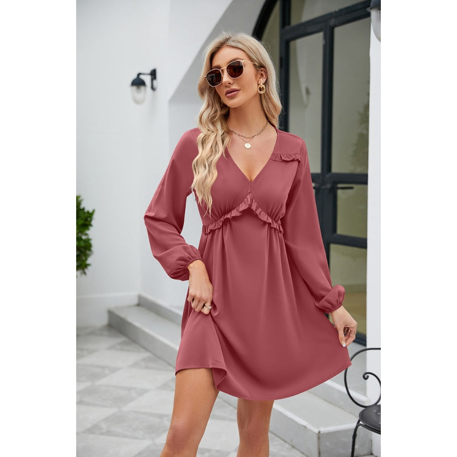 Frill Trim V-Neck Long Sleeve Dress Light Mauve / S