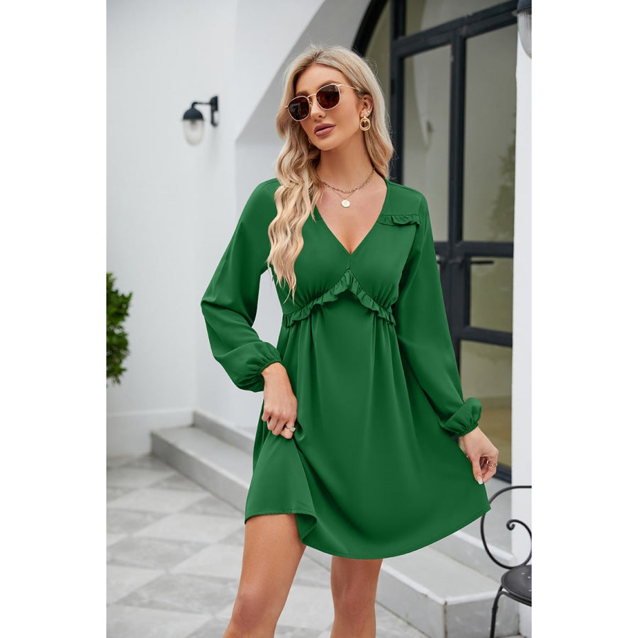 Frill Trim V-Neck Long Sleeve Dress Mid Green / S