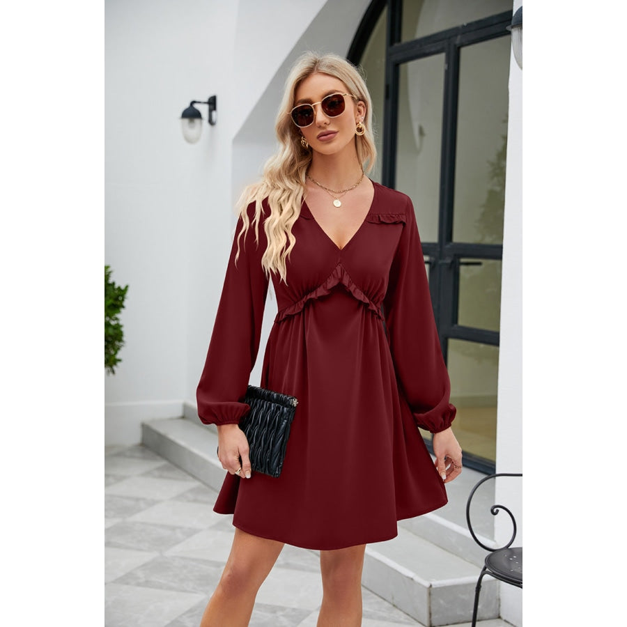 Frill Trim V-Neck Long Sleeve Dress