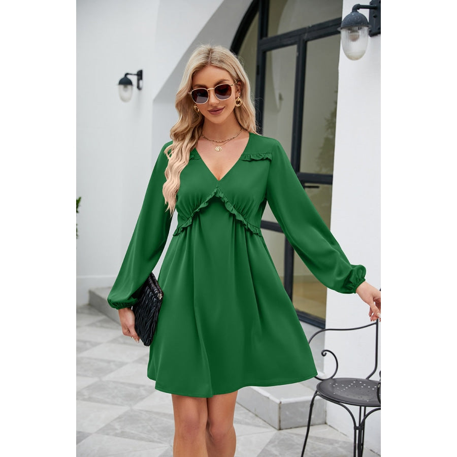 Frill Trim V-Neck Long Sleeve Dress