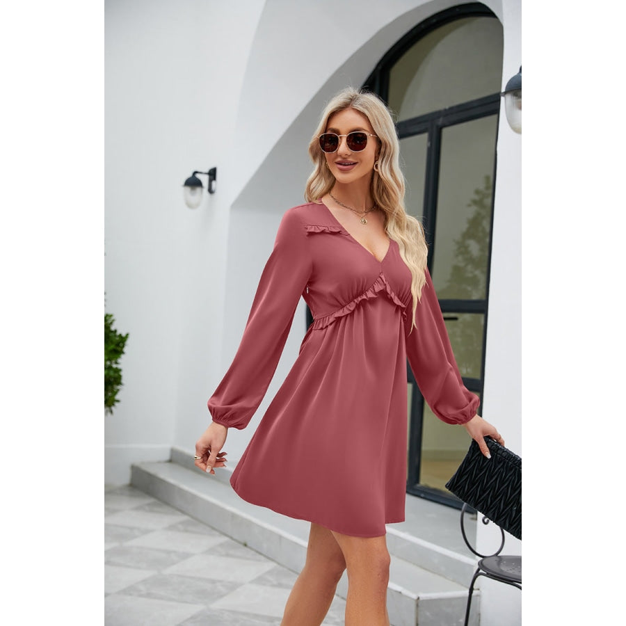 Frill Trim V-Neck Long Sleeve Dress