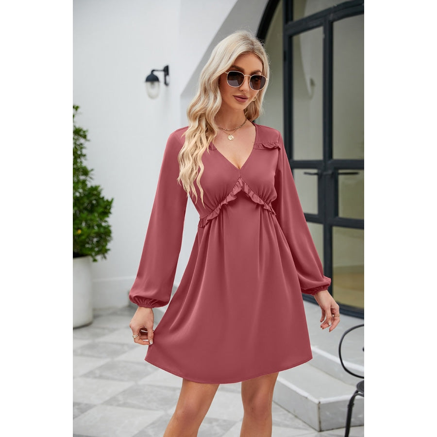 Frill Trim V-Neck Long Sleeve Dress