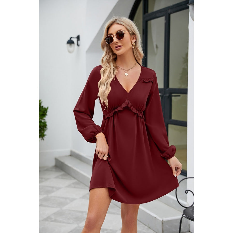 Frill Trim V-Neck Long Sleeve Dress Wine / S