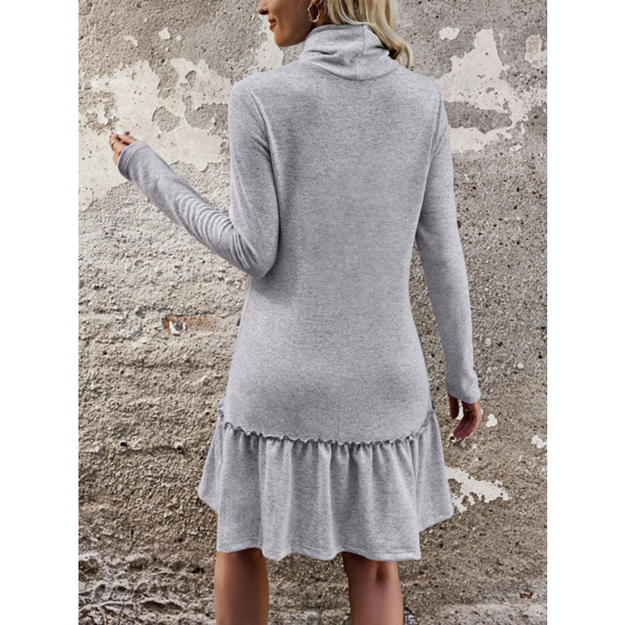 Frill Turtleneck Long Sleeve Dress Gray / S Apparel and Accessories