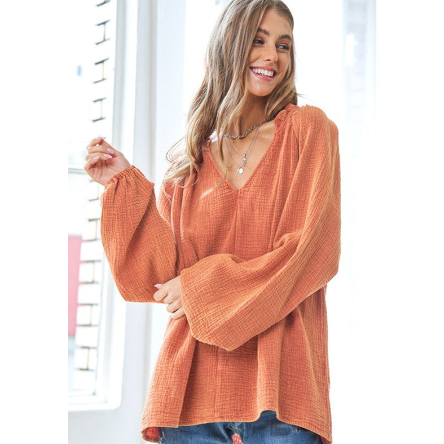 Frill V-Neck Balloon Sleeve Blouse Apparel and Accessories