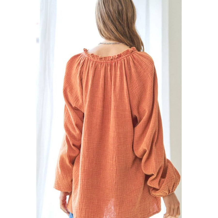 Frill V-Neck Balloon Sleeve Blouse Apparel and Accessories