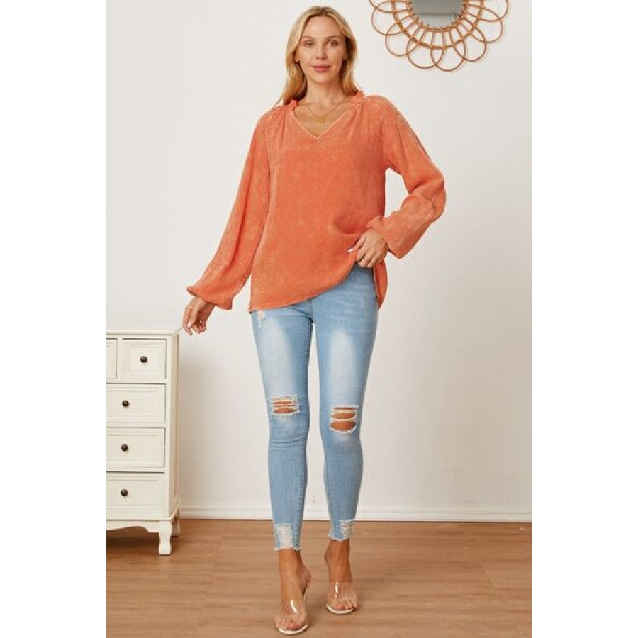 Frill V-Neck Balloon Sleeve Blouse Clothing