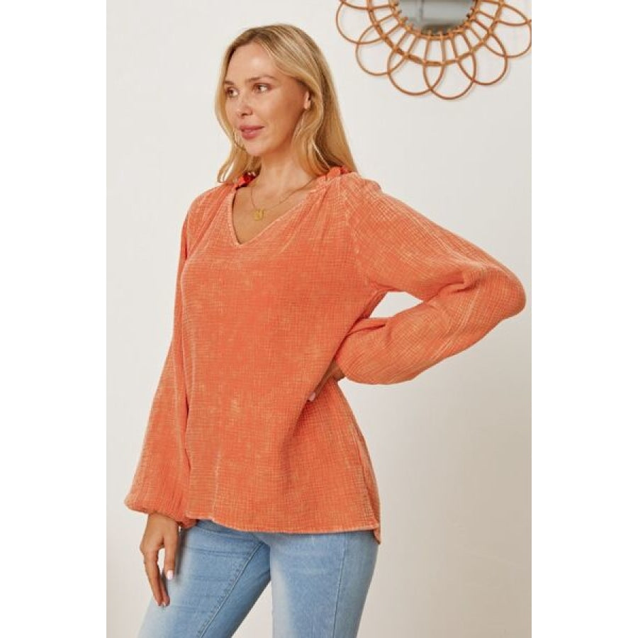 Frill V-Neck Balloon Sleeve Blouse Clothing