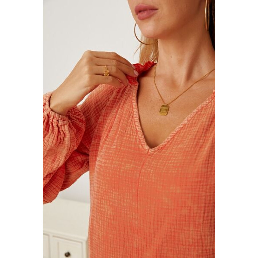 Frill V-Neck Balloon Sleeve Blouse Clothing