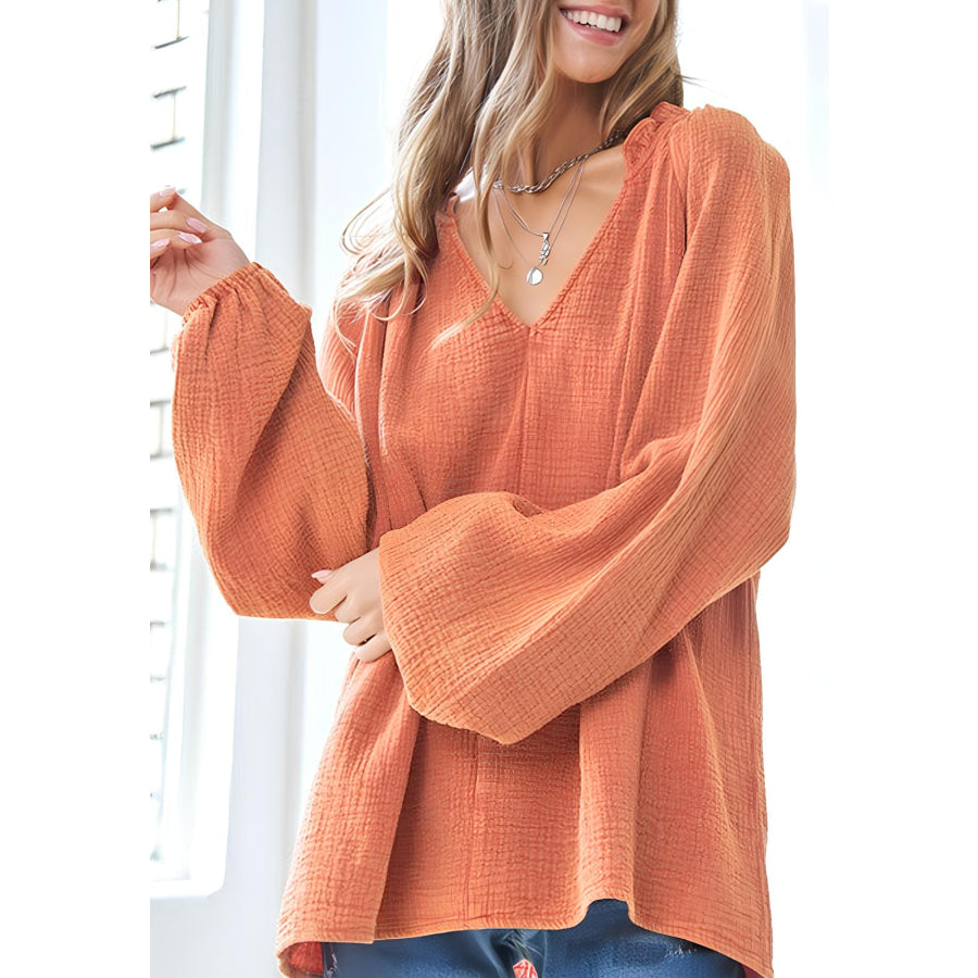 Frill V-Neck Balloon Sleeve Blouse Orange / S Apparel and Accessories