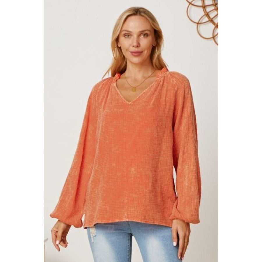 Frill V-Neck Balloon Sleeve Blouse Sherbet / S Clothing