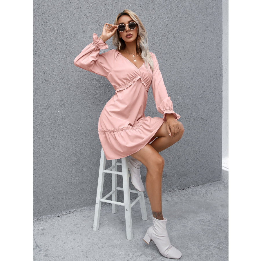 Frill V-Neck Flounce Sleeve Ruffle Hem Dress Apparel and Accessories