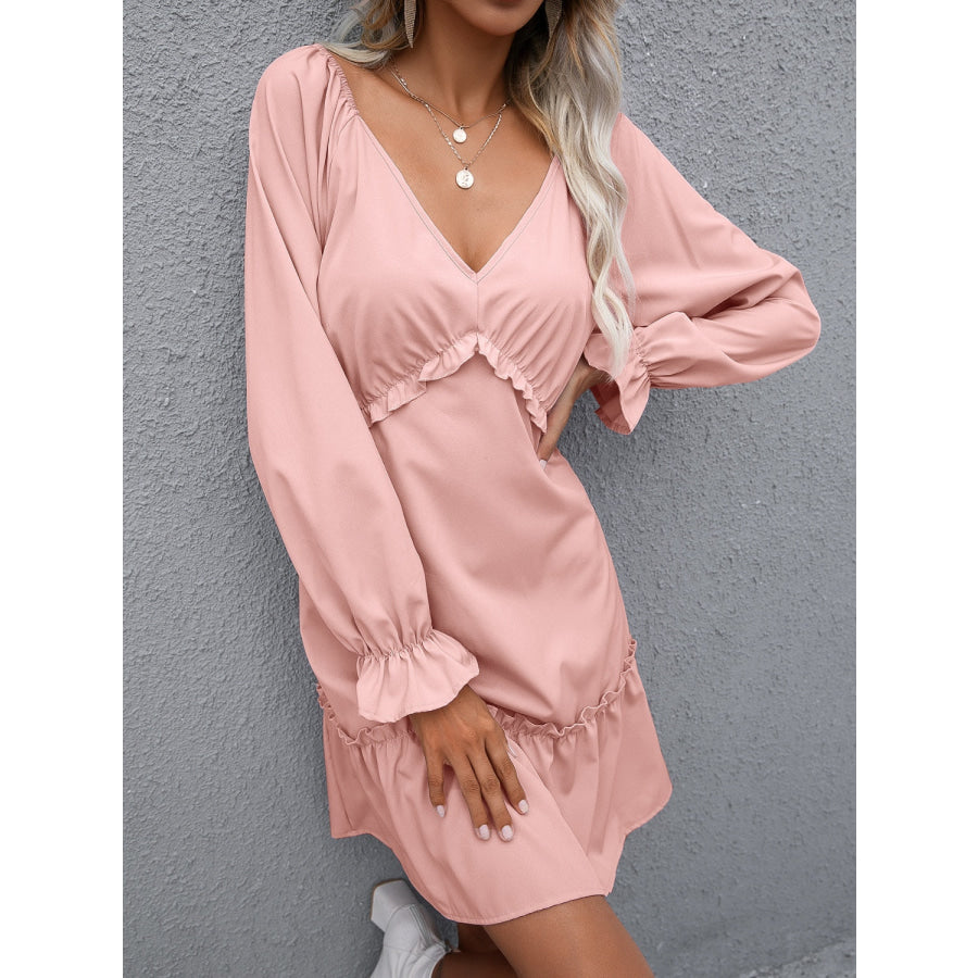 Frill V-Neck Flounce Sleeve Ruffle Hem Dress Apparel and Accessories