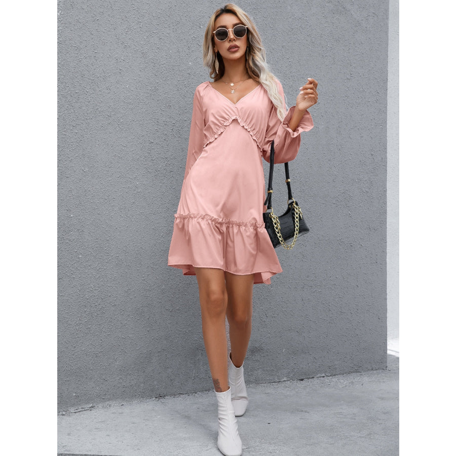 Frill V-Neck Flounce Sleeve Ruffle Hem Dress Apparel and Accessories