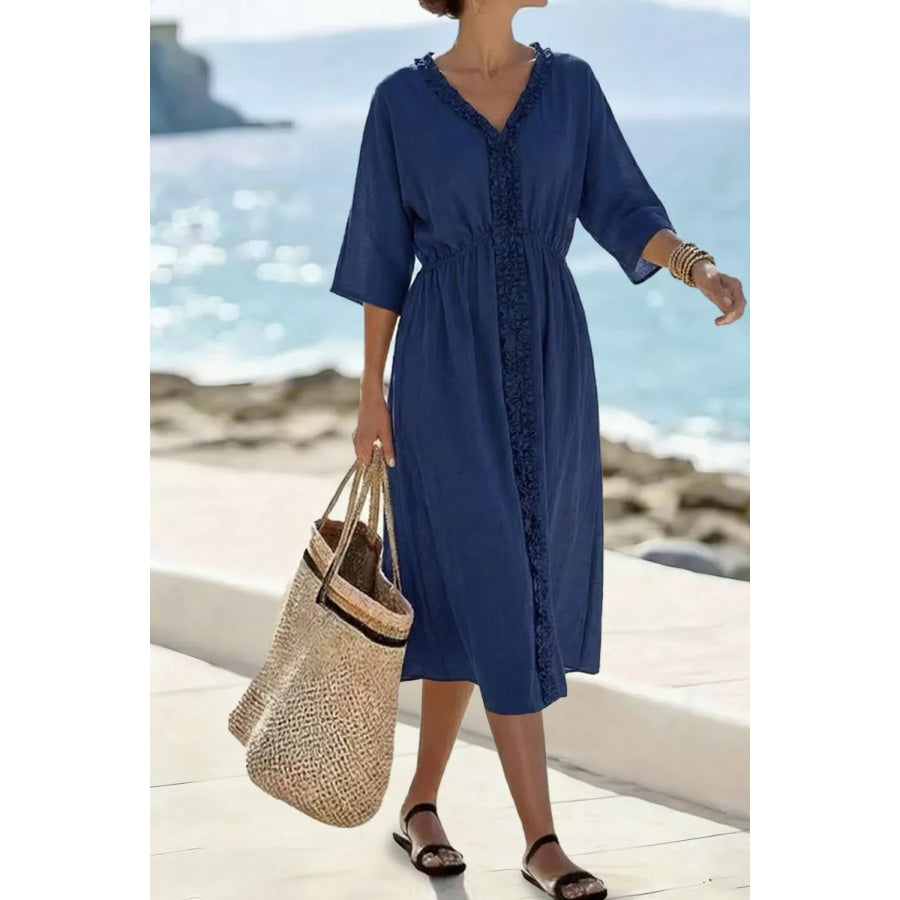 Frill V-Neck Half Sleeve Midi Dress Apparel and Accessories