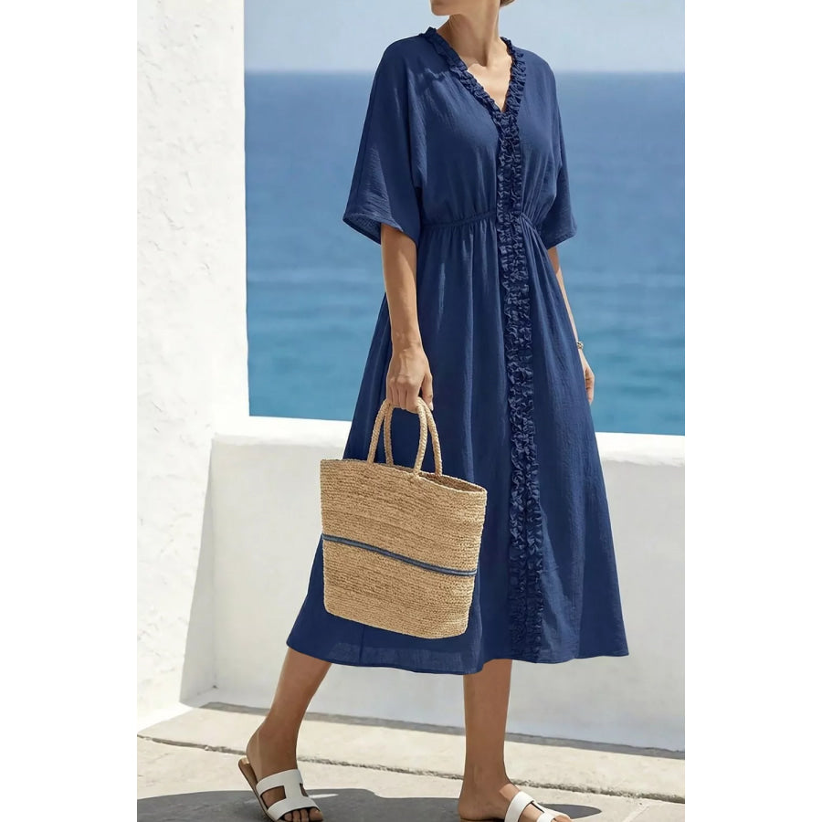 Frill V-Neck Half Sleeve Midi Dress Apparel and Accessories