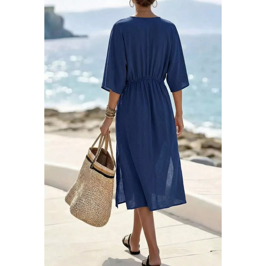 Frill V-Neck Half Sleeve Midi Dress Apparel and Accessories