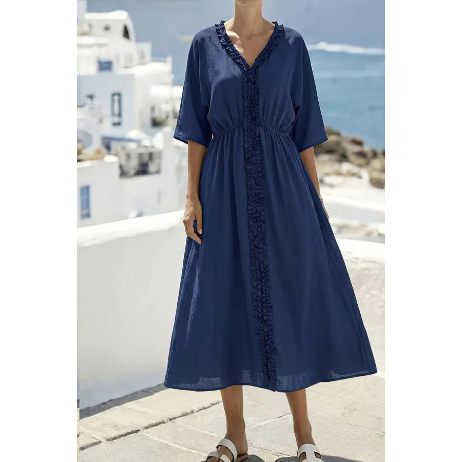 Frill V-Neck Half Sleeve Midi Dress Navy / S Apparel and Accessories