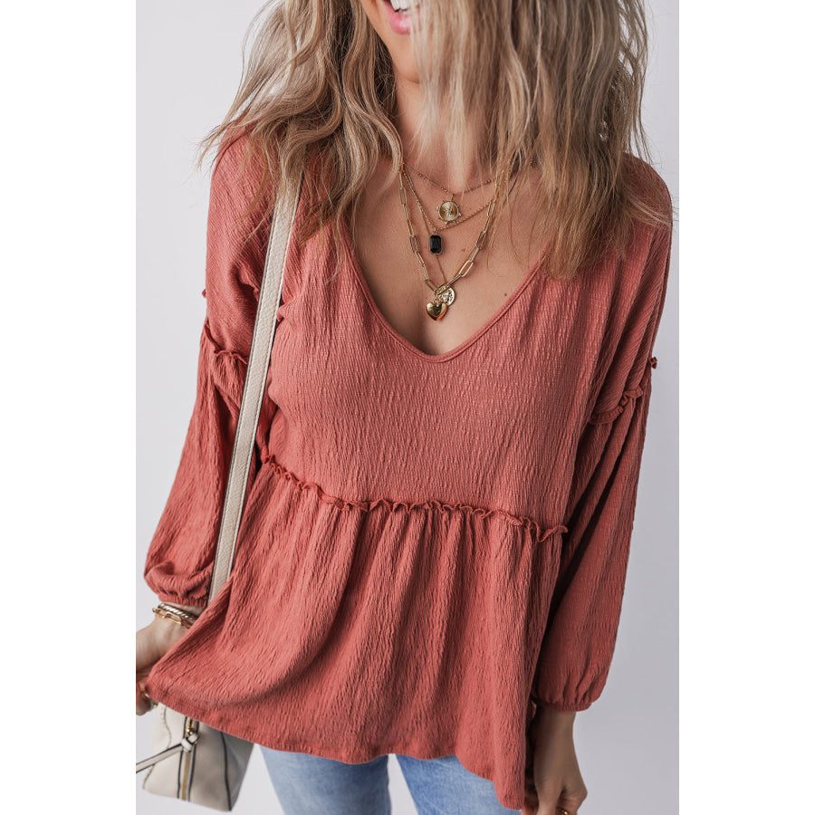 Frill V-Neck Long Sleeve Blouse Apparel and Accessories