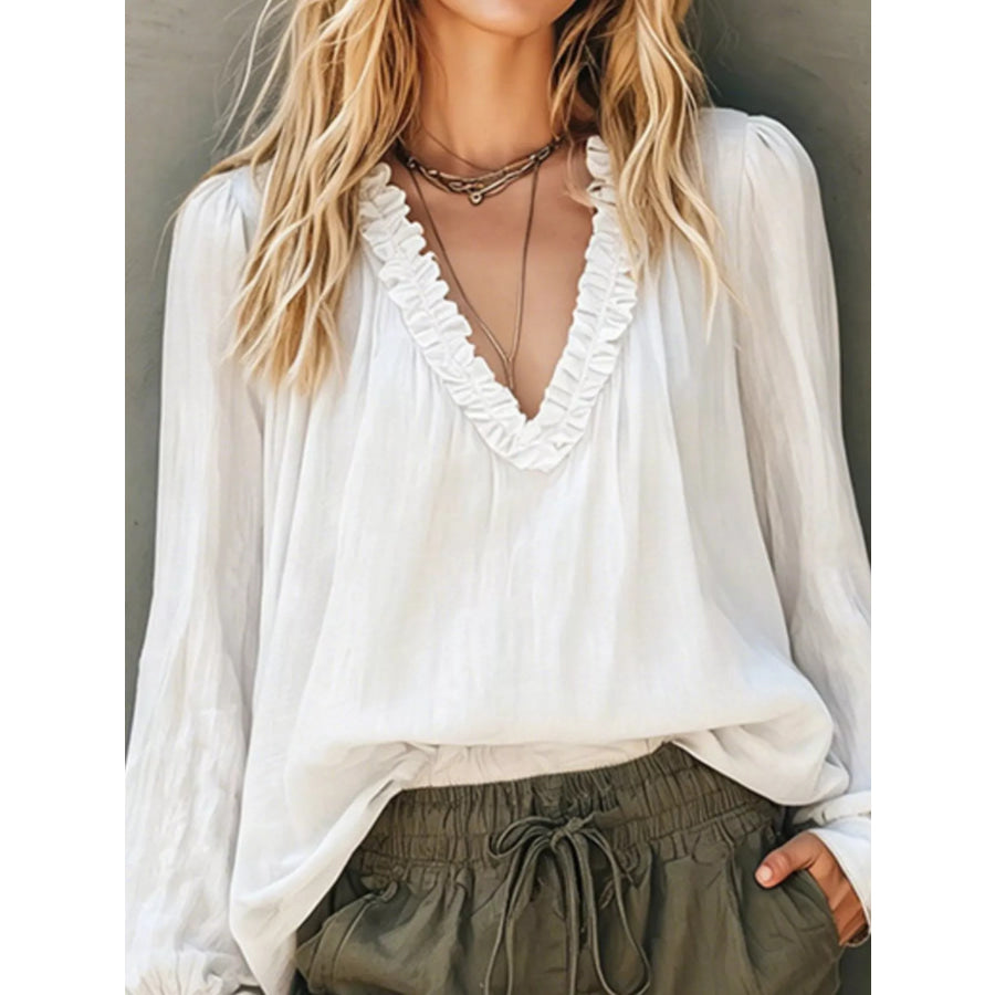 Frill V-Neck Long Sleeve Blouse Apparel and Accessories