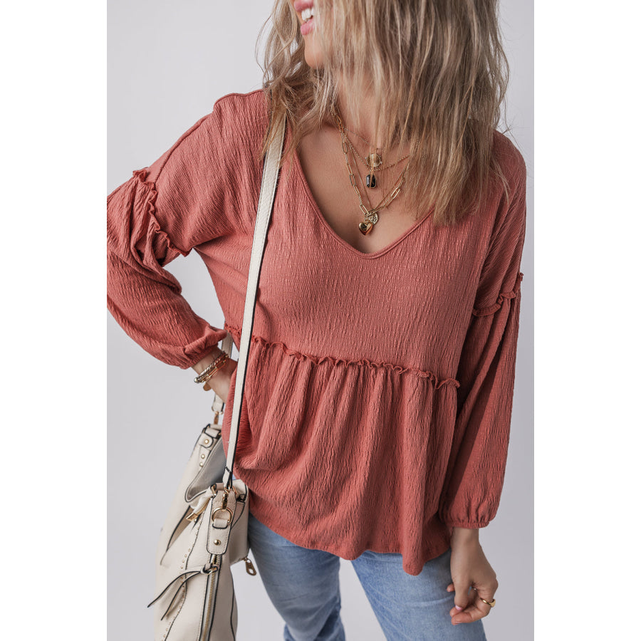 Frill V-Neck Long Sleeve Blouse Apparel and Accessories