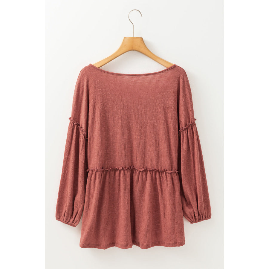 Frill V-Neck Long Sleeve Blouse Apparel and Accessories