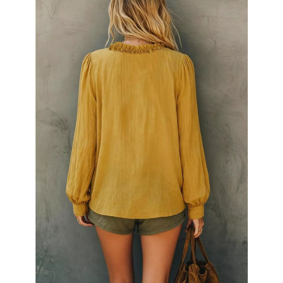 Frill V-Neck Long Sleeve Blouse Apparel and Accessories