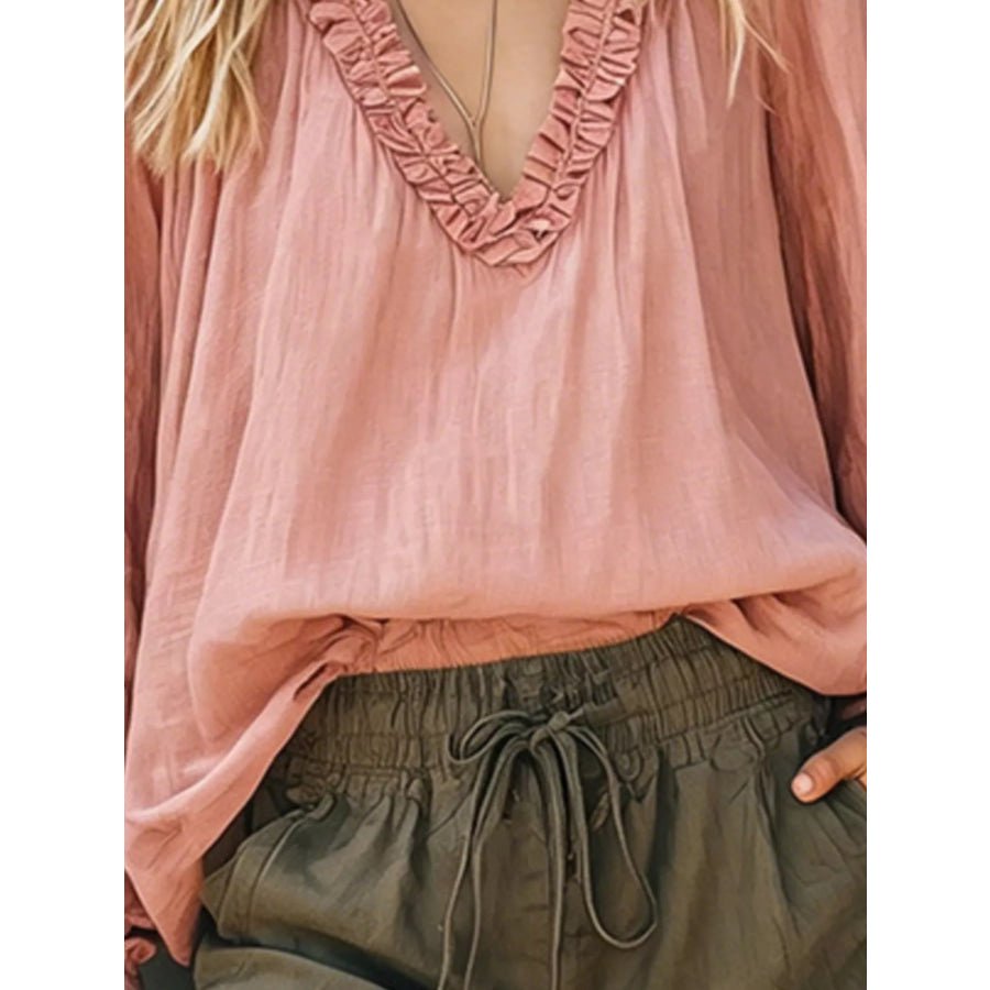 Frill V-Neck Long Sleeve Blouse Apparel and Accessories