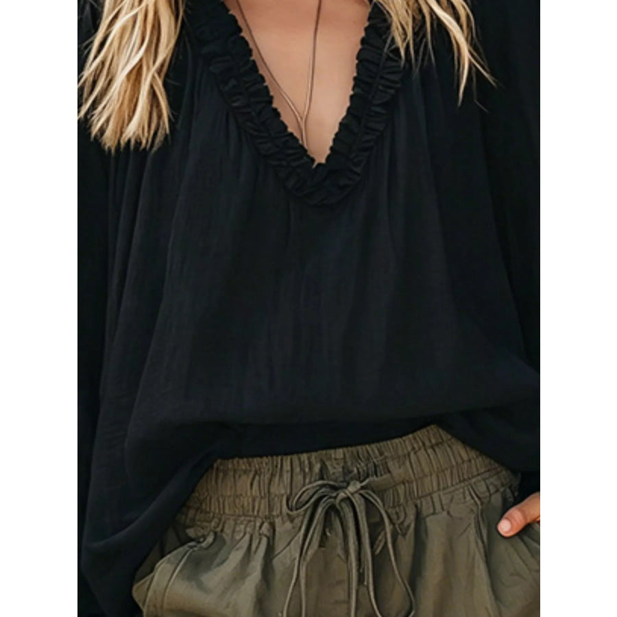 Frill V-Neck Long Sleeve Blouse Apparel and Accessories