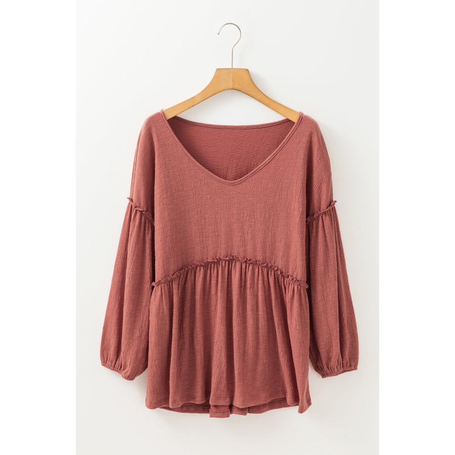 Frill V-Neck Long Sleeve Blouse Apparel and Accessories