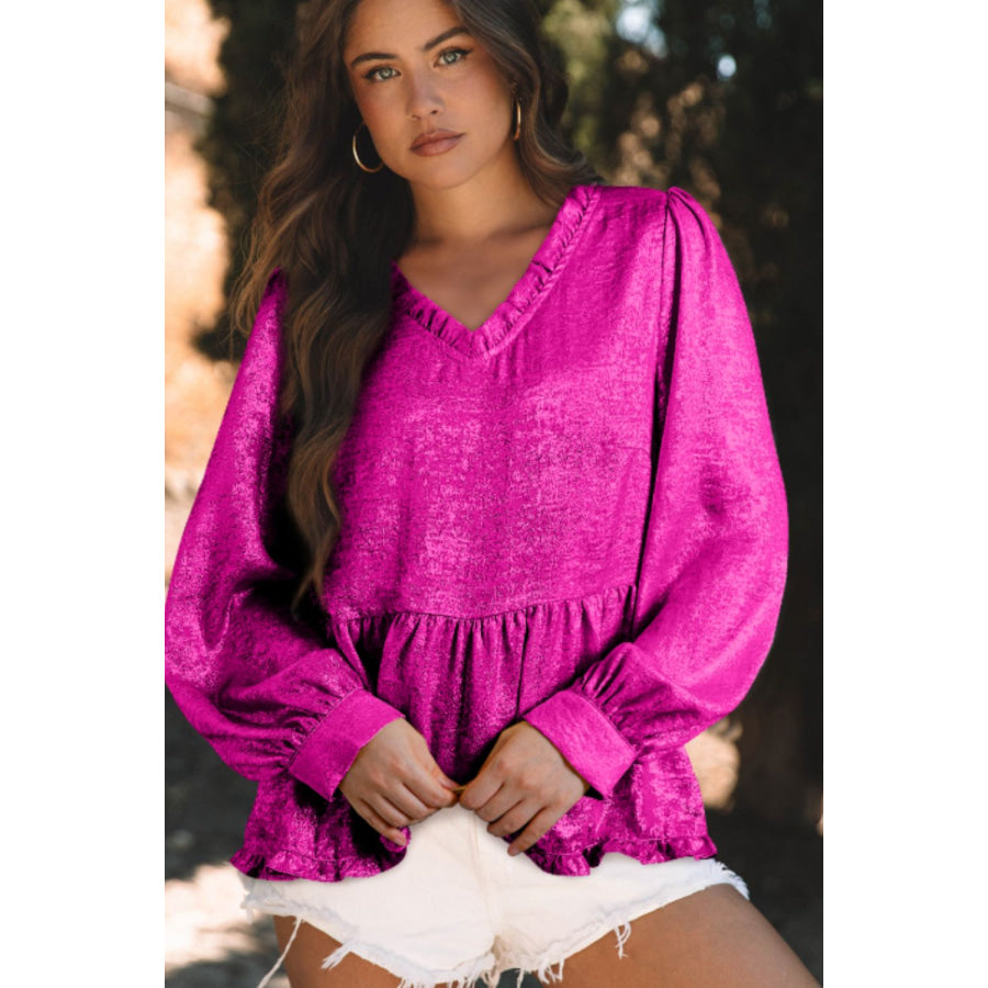 Frill V-Neck Long Sleeve Blouse Apparel and Accessories