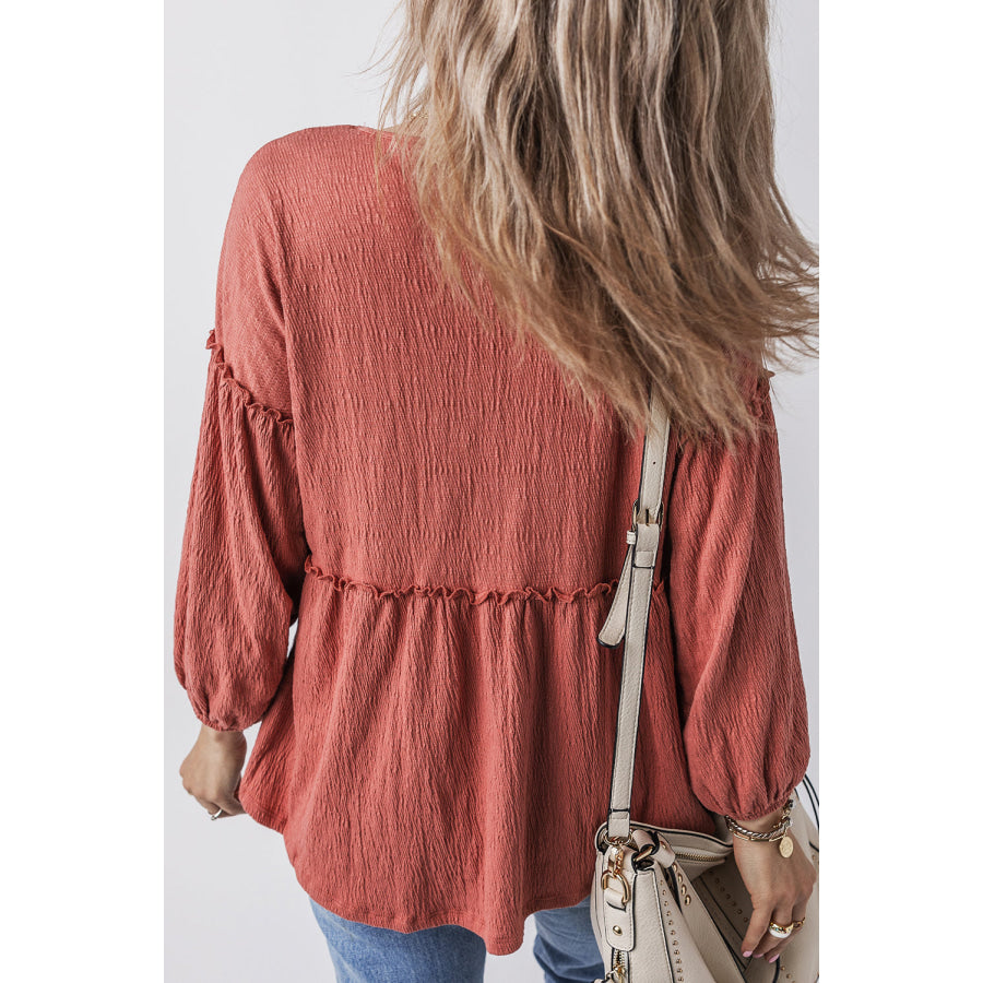 Frill V-Neck Long Sleeve Blouse Apparel and Accessories