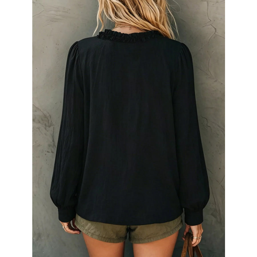 Frill V-Neck Long Sleeve Blouse Apparel and Accessories