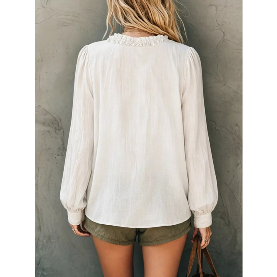 Frill V-Neck Long Sleeve Blouse Apparel and Accessories