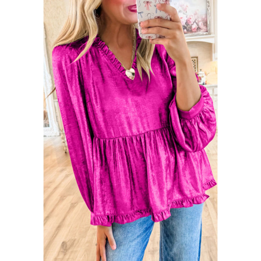 Frill V-Neck Long Sleeve Blouse Apparel and Accessories