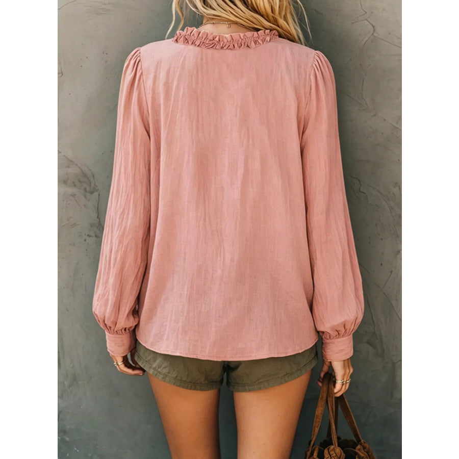 Frill V-Neck Long Sleeve Blouse Apparel and Accessories